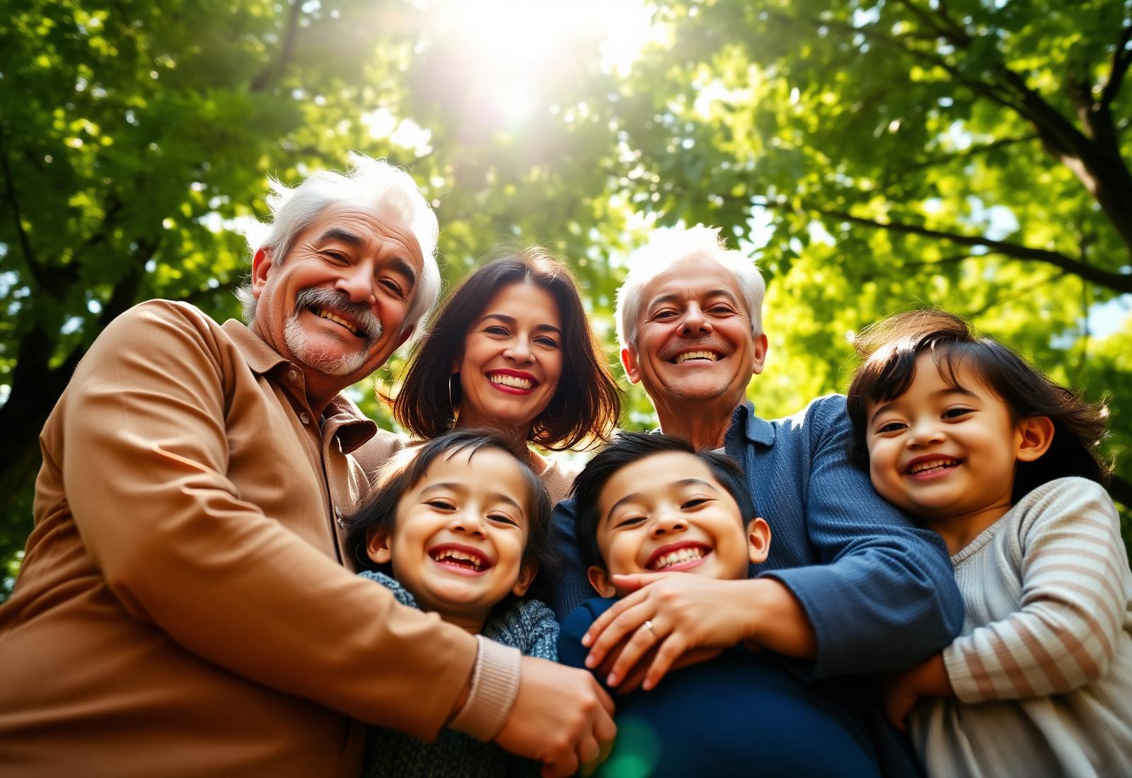 A multigenerational family smiling together outdoors